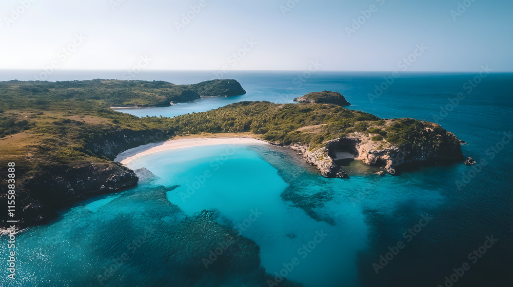 Obraz premium Secluded cove with turquoise water and white sand beach.