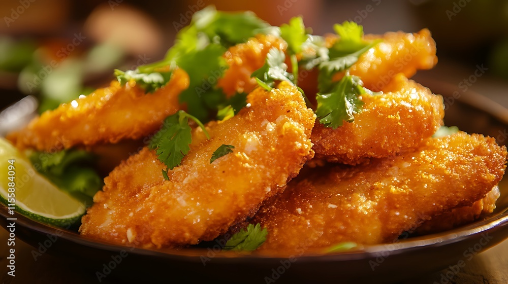 Illustrate a plate of crispy fish sticks with a deliciously fried, golden crust Illustrate a plate of crispy fish sticks with a deliciously fried, golden crust
