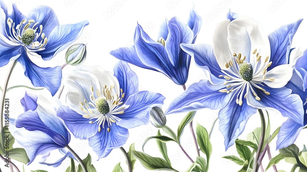 Obraz premium Delicate Blue and White Clematis Flowers in Bloom
