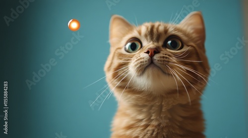 Cute cat gazes in wonder at glowing lights during a cozy evening at home