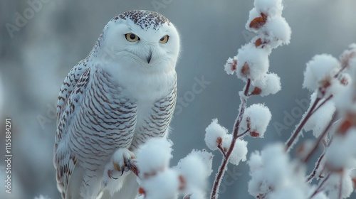 Snowy owl perched among snowy branches on a winter day