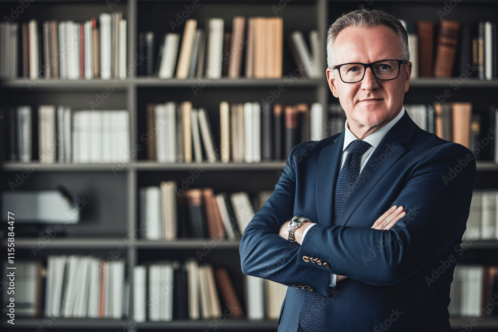 A senior Caucasian man in a business suit stands confidently in an office setting with bookshelves in the background, arms crossed, exuding professionalism and authority A senior Caucasian man in a business suit stands confidently in an office setting with bookshelves in the background, arms crossed, exuding professionalism and authority