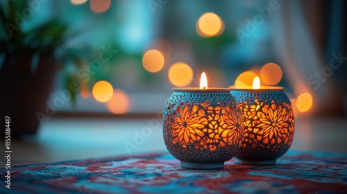 Luminous decorative lanterns create a warm ambiance in the evening sunset