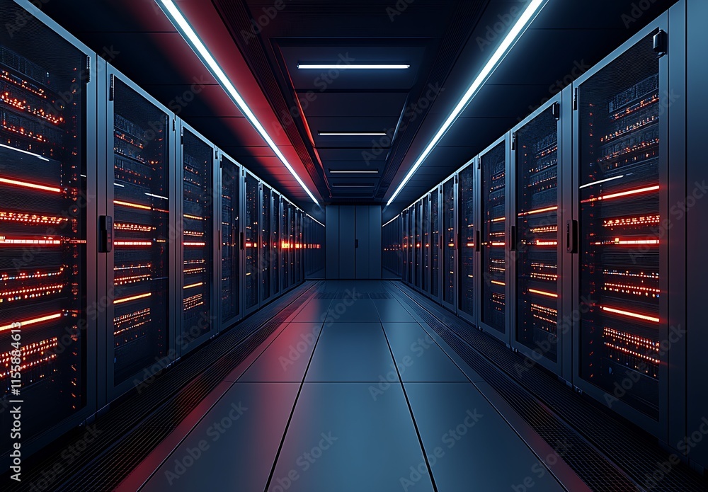 Modern Data Center Interior with Red and Blue LED Lights Technology Infrastructure : Generative AI