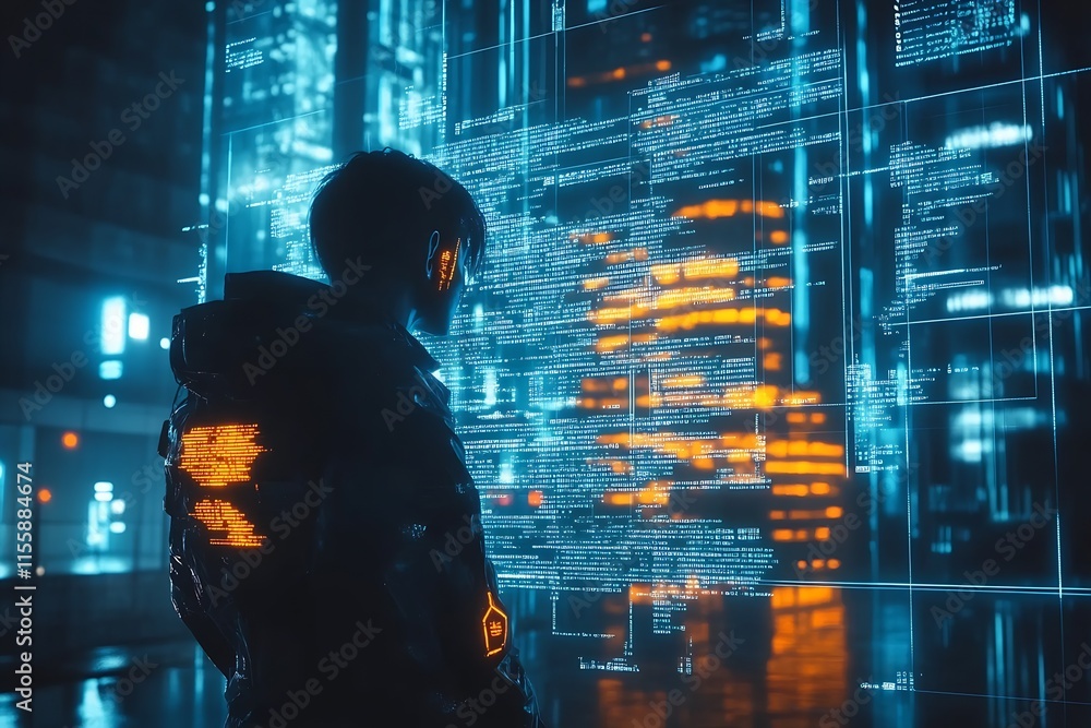 Person in Futuristic City Observing Digital Code with Cybernetic Technology : Generative AI Person in Futuristic City Observing Digital Code with Cybernetic Technology : Generative AI