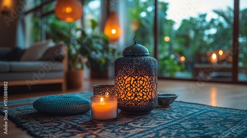 Luminous decorative lanterns create a warm ambiance in the evening sunset