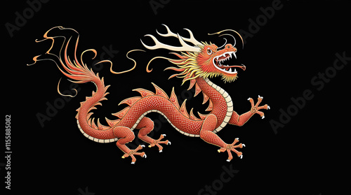 Chinese dragon on a black background. Generative AI Illistration of ancient asian dragon on black background. Dragons background. Place for text.