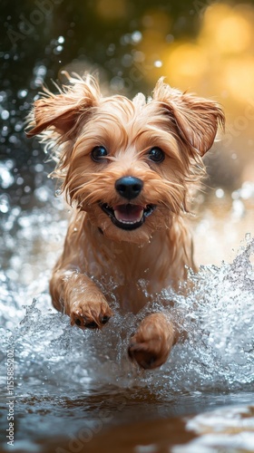 Brown dog joyfully splashing in water during sunny afternoon play time