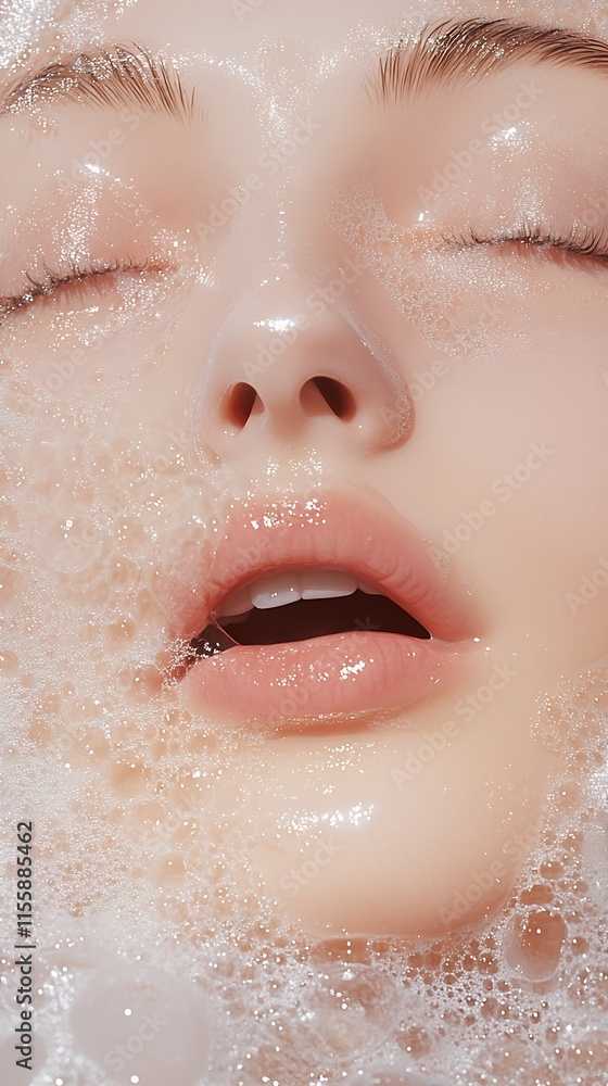 Woman with fresh and dewy skin covered in thick soap suds for beauty therapy : Generative AI Woman with fresh and dewy skin covered in thick soap suds for beauty therapy : Generative AI