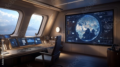 Fototapeta Naklejka Na Ścianę i Meble -  Futuristic ship bridge with Earth display.