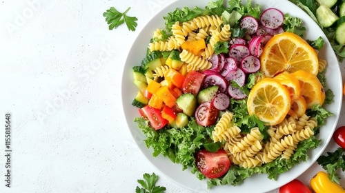 Colorful pasta salad with fresh vegetables.