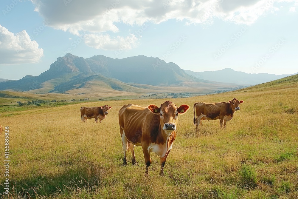 Jersey Cows Grazing in a Vibrant South African Meadow Jersey Cows Grazing in a Vibrant South African Meadow