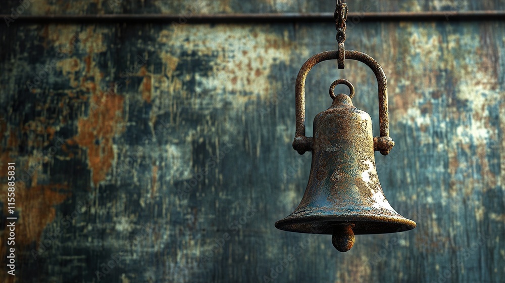 Fototapeta premium Rusty Old Bell Hanging on Weathered Wall