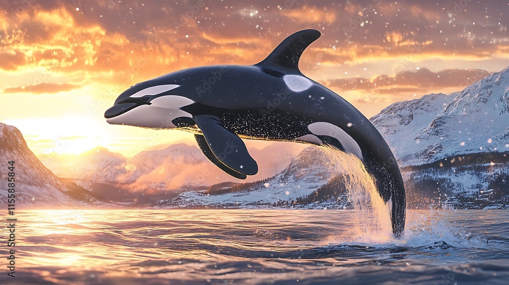 Obraz premium Illustrate an orca in mid-leap from the ocean, with the setting sun casting a warm glow on the scene