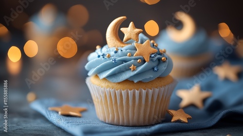 Delicious blue frosted cupcakes with moon and star decorations on a rustic wo...