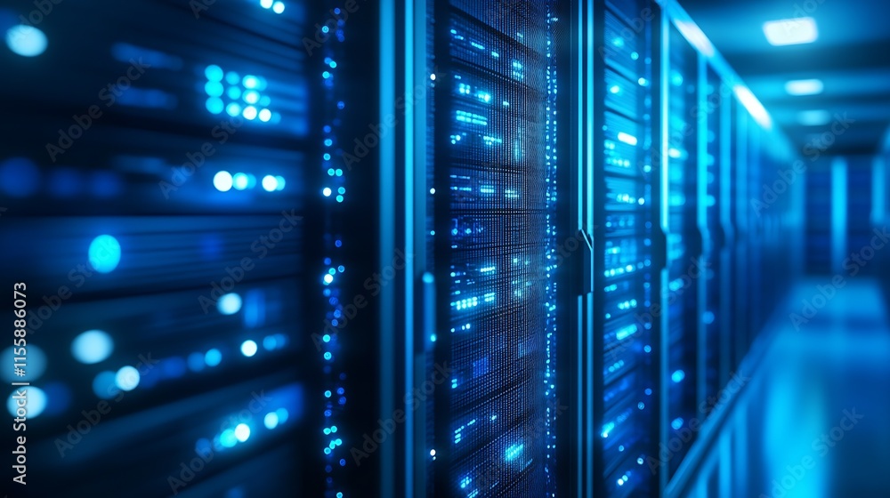 Illuminated Server Room with Advanced Technology and Digital Networking : Generative AI Illuminated Server Room with Advanced Technology and Digital Networking : Generative AI