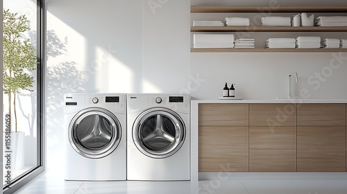 Modern Laundry Room with Sleek White Washer and Dryer by Sunlit Door : Generative AI