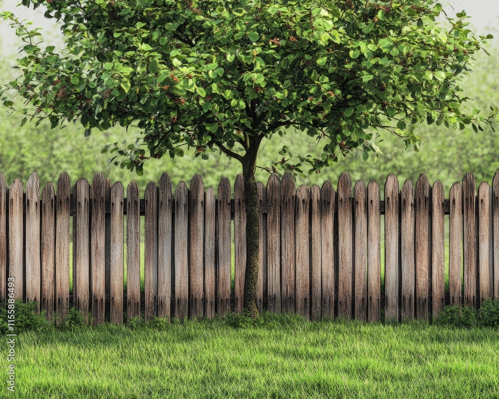 Charming Backyard Scene with Lush Green Grass, Spring Tree, and Rustic Wooden Garden Fence Charming Backyard Scene with Lush Green Grass, Spring Tree, and Rustic Wooden Garden Fence