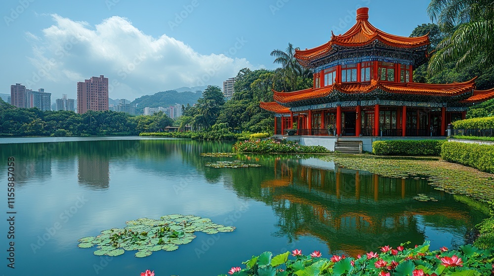 Fototapeta premium Serene Chinese garden pavilion reflected in calm lake.