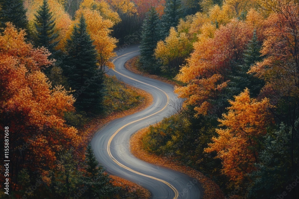 Fototapeta premium Serpentine Journey Through Autumn Woods: A Winding Road Adventure