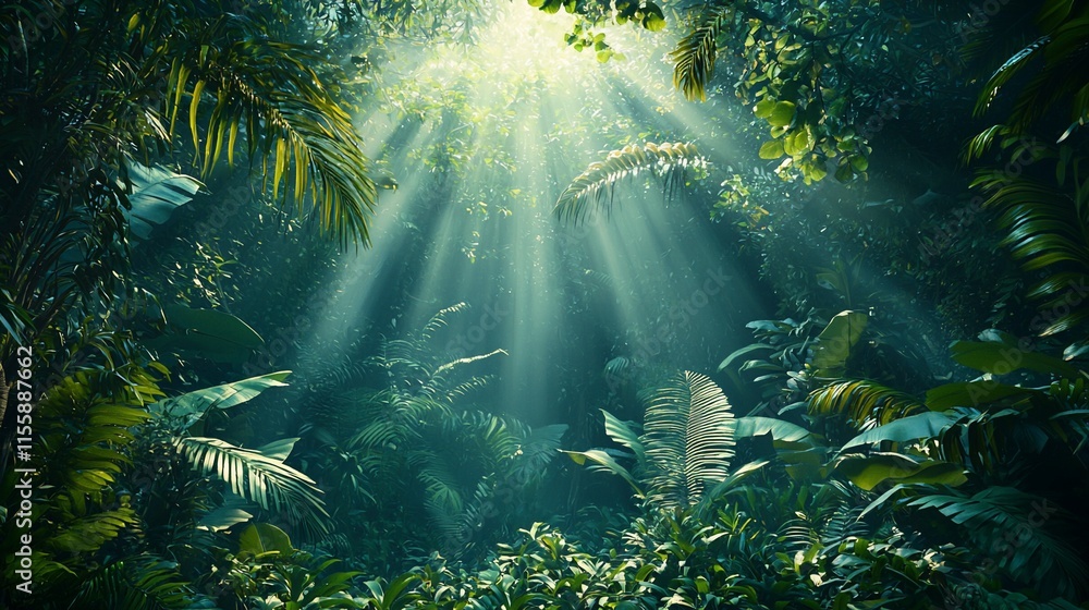 Sunbeams pierce lush green jungle canopy. Sunbeams pierce lush green jungle canopy.