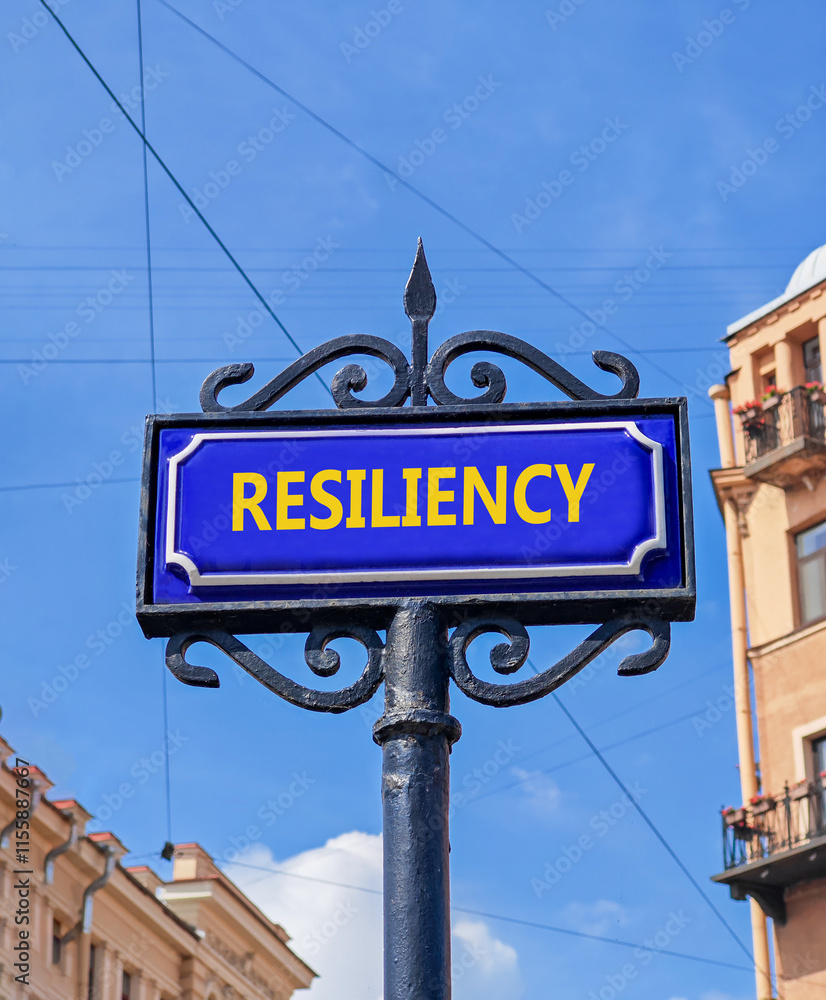 Obraz premium Resiliency symbol. Concept word Resiliency on beautiful blue road sign. Beautiful blue sky and city building background. Business resiliency concept. Copy space.