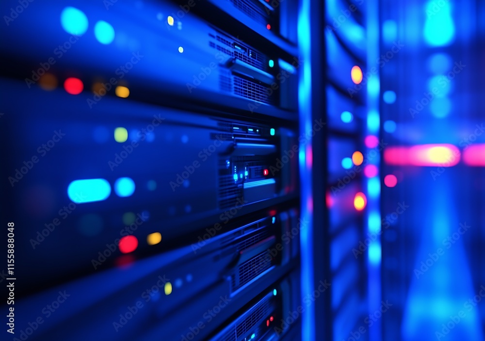 Illuminated Server Room with Blue and Red Network Connectivity Lights Highlighting Technology : Generative AI Illuminated Server Room with Blue and Red Network Connectivity Lights Highlighting Technology : Generative AI