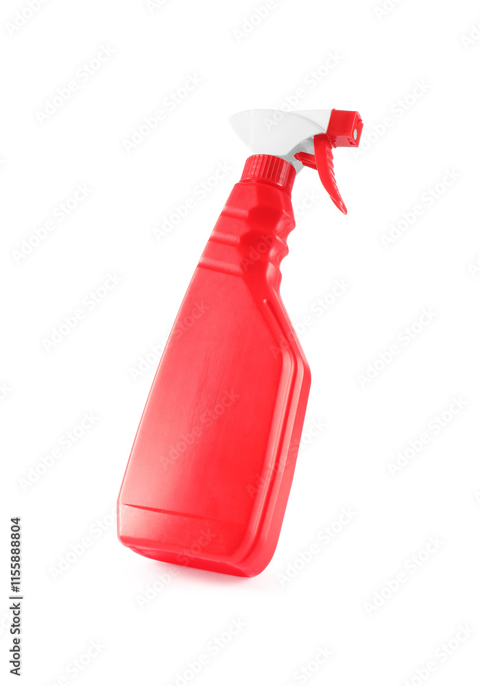 Spray bottle of cleaning product in air isolated on white Spray bottle of cleaning product in air isolated on white