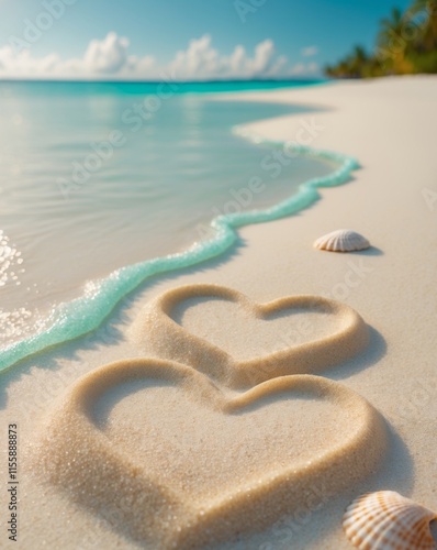 two hearts drawn in the sand on an exotic beach with waves gently lapping at their edges photo