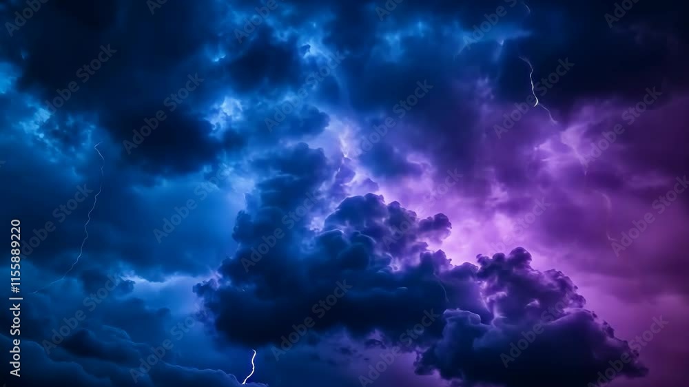 An intense storm featuring vibrant purple and blue hues, with lightning illuminating the sky, Electrifying lightning bolts in a disastrous stormy sky An intense storm featuring vibrant purple and blue hues, with lightning illuminating the sky, Electrifying lightning bolts in a disastrous stormy sky