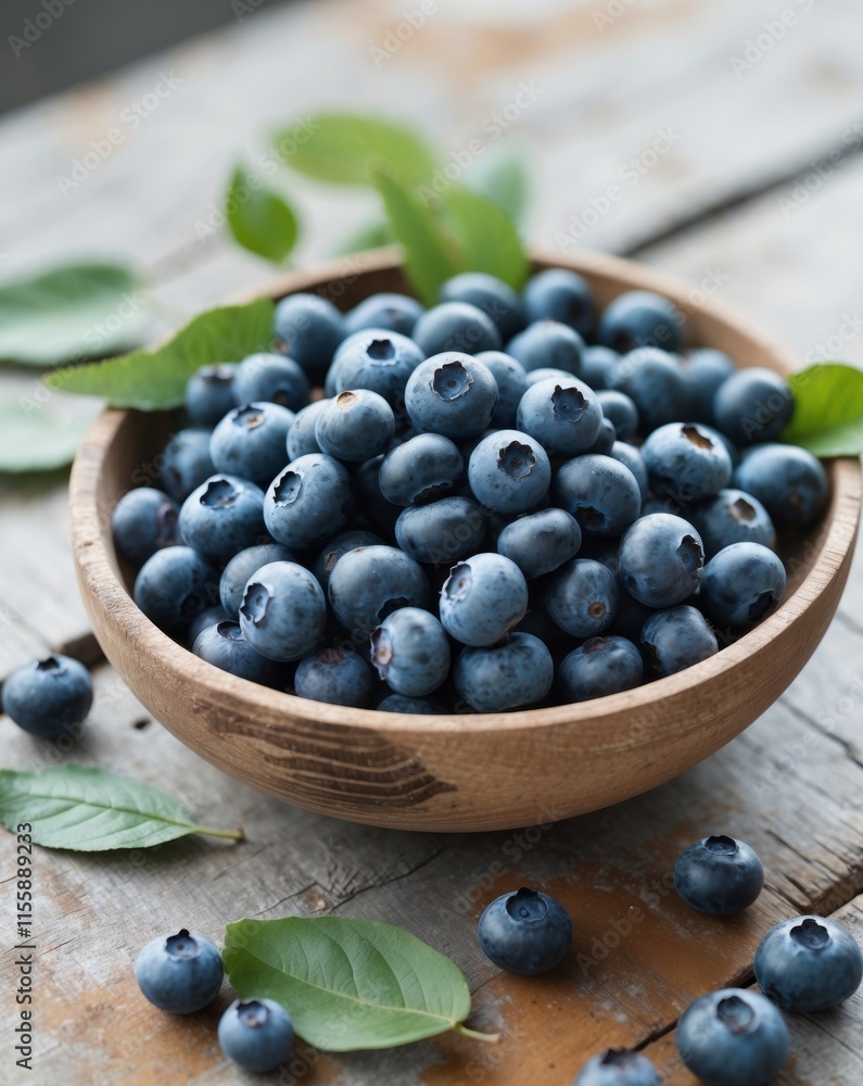 Fresh blueberries with leaves in wooden bowl on rustic table Fresh blueberries with leaves in wooden bowl on rustic table