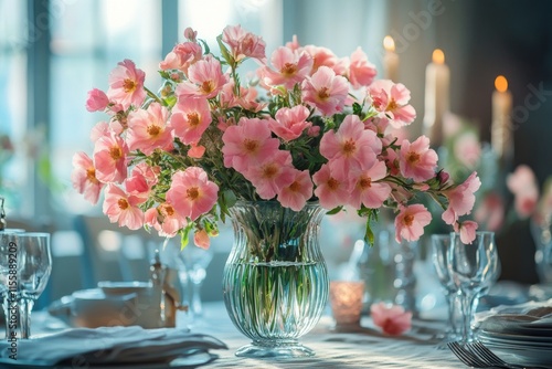 Beautiful arrangement of pink roses and flowers in a glass vase on a table