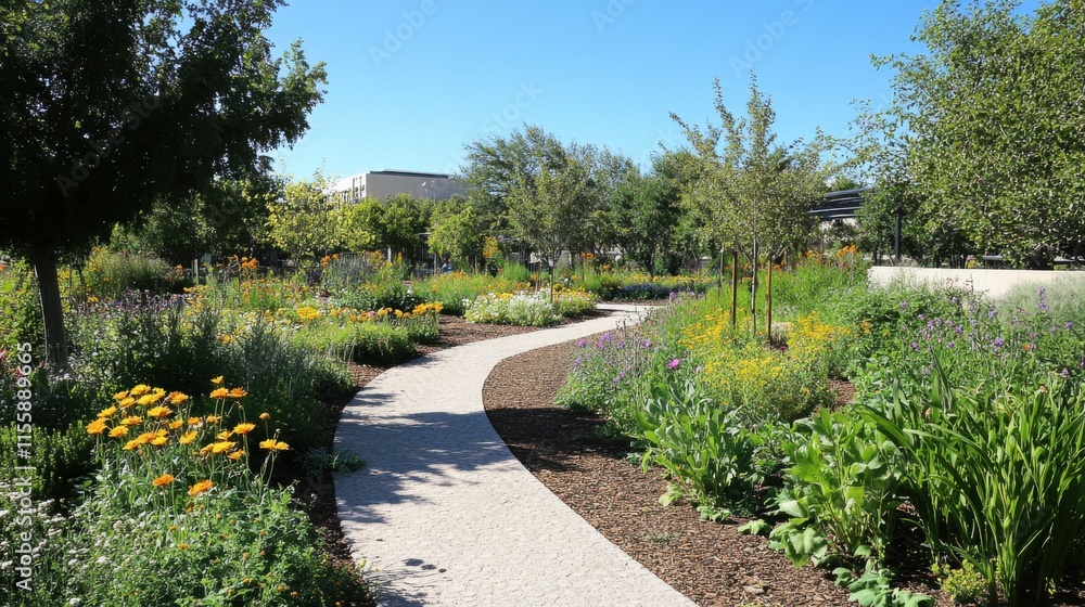 Obraz premium Community gardens offer green spaces for urban residents.