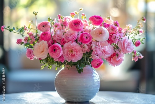 Beautiful arrangement of pink roses and flowers in a glass vase on a table