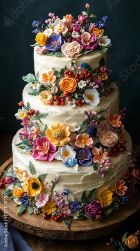 Beautifully decorated three-tier cake adorned with vibrant flowers and fruits