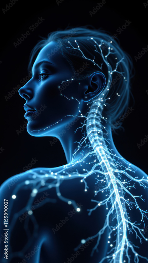 Vagus Nerve Stimulation - Illustration of a woman's torso with highlighted VNS nerve pathway and brain activity. Vagus Nerve Stimulation - Illustration of a woman's torso with highlighted VNS nerve pathway and brain activity.