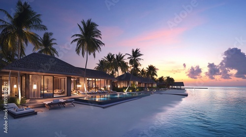 Luxury beachfront villas at sunset with private pools.