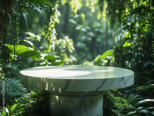 Ultra Quality Picture of Large Circular Marble Pedestal in a Vibrant Green Jungle photo