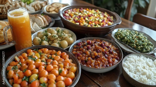 Variety of colorful dishes served on a wooden table for a festive gathering