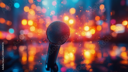 Microphone held against vibrant bokeh background during a live performance at...