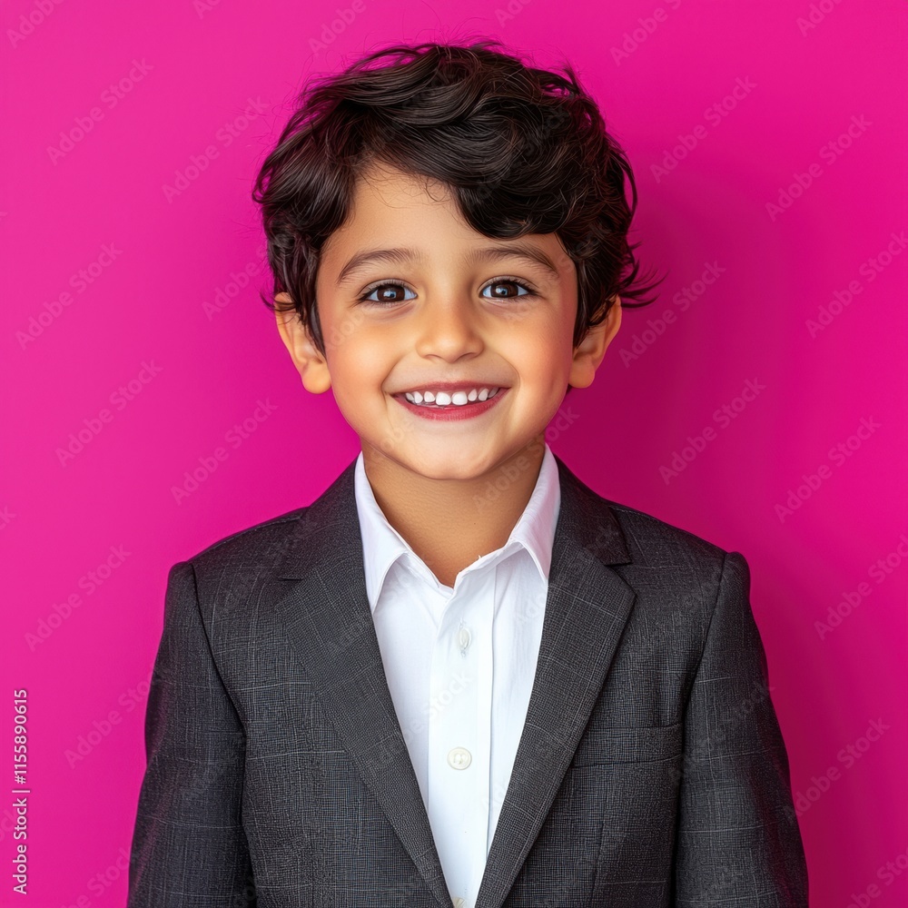 Happy Young Boy in Formal Suit with Bright Pink Background Smiling Happy Young Boy in Formal Suit with Bright Pink Background Smiling