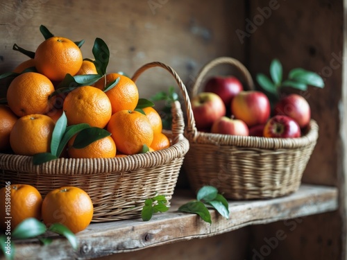 A basket of oranges is on a shelf next to a basket of apples