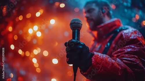 Microphone held against vibrant bokeh background during a live performance at...