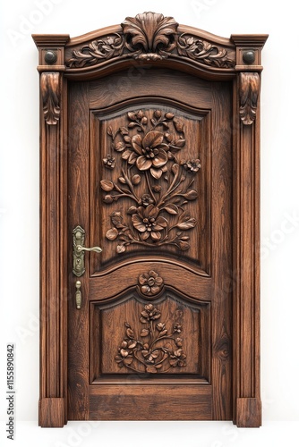 Vintage Floral Carved Wooden Door in Mahogany with Brass Handle on White Background - Photorealistic Entryway Detail
