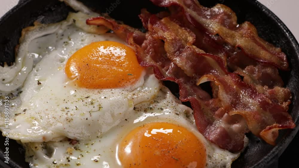 breakfast roasted bacon and two eggs on pan close up food rotation breakfast roasted bacon and two eggs on pan close up food rotation