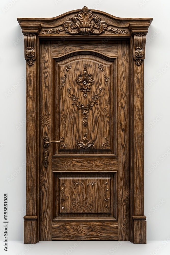 Exquisite Floral Carved Oak Wood Door with Antique Bronze Handles in Traditional English Cottage Style on White Background - Photorealistic Detail Exquisite Floral Carved Oak Wood Door with Antique Bronze Handles in Traditional English Cottage Style on White Background - Photorealistic Detail