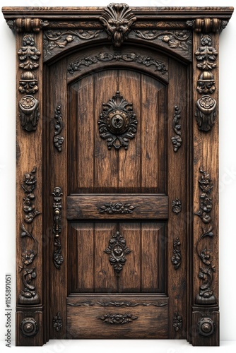 Elegant Oak Wood Door with Floral Carvings in Traditional English Cottage Style on White Background - Photorealistic Image