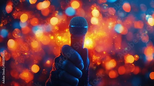 Microphone held against vibrant bokeh background during a live performance at...