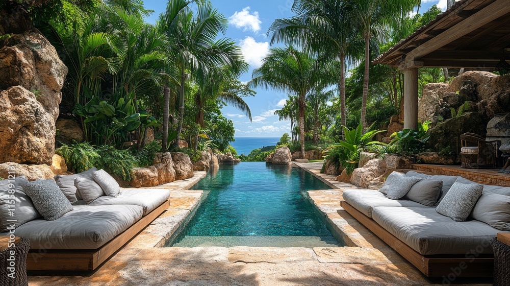 Relaxing outdoor swimming pool surrounded by lush greenery and tropical plants in a sunny setting Relaxing outdoor swimming pool surrounded by lush greenery and tropical plants in a sunny setting