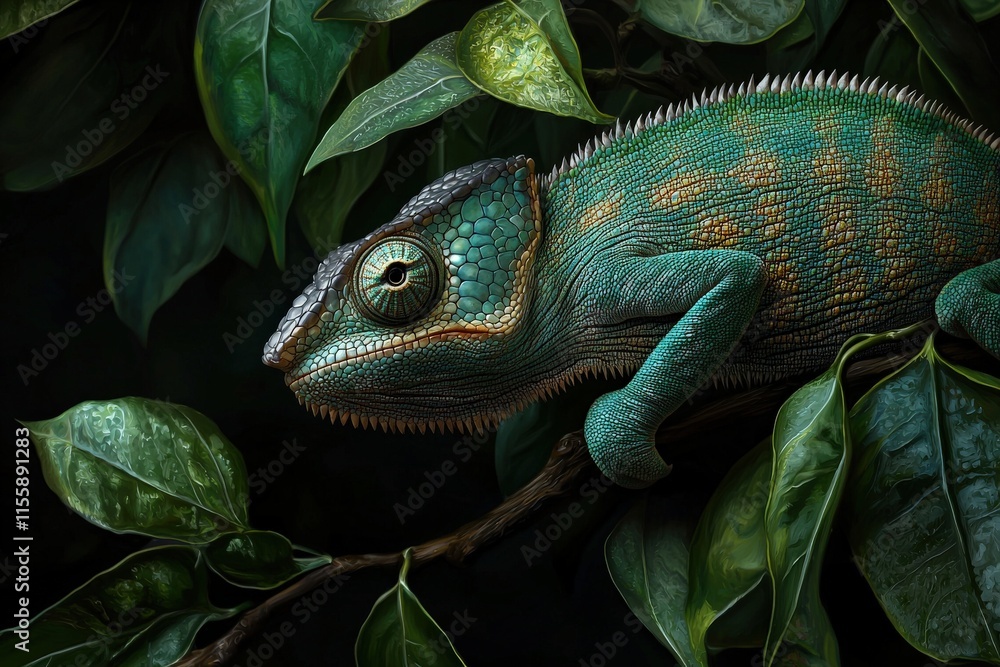 Fototapeta premium A chameleon perched on a leafy branch, its body blending seamlessly with the vibrant green foliage